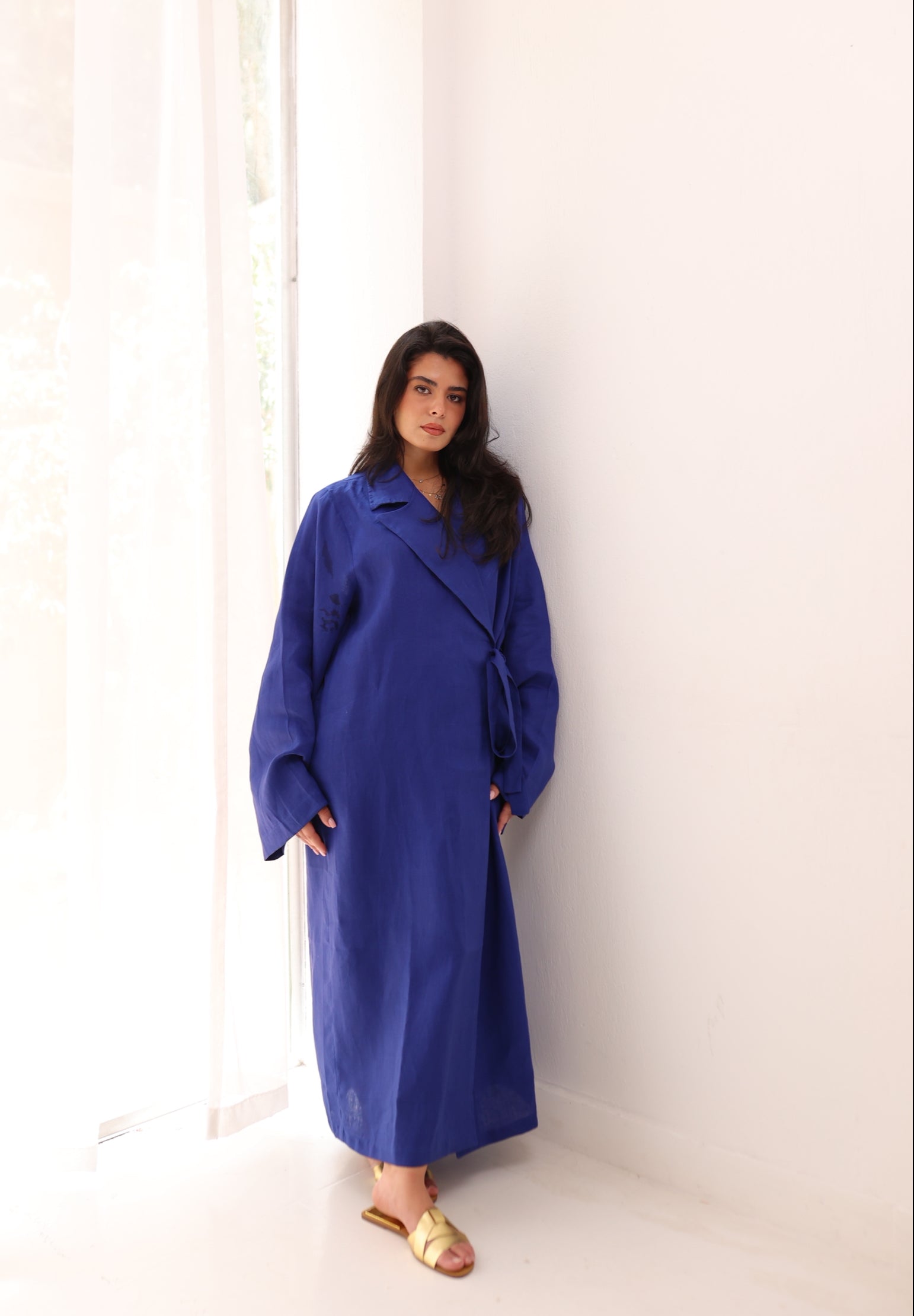 Royal blue side-tie linen dress