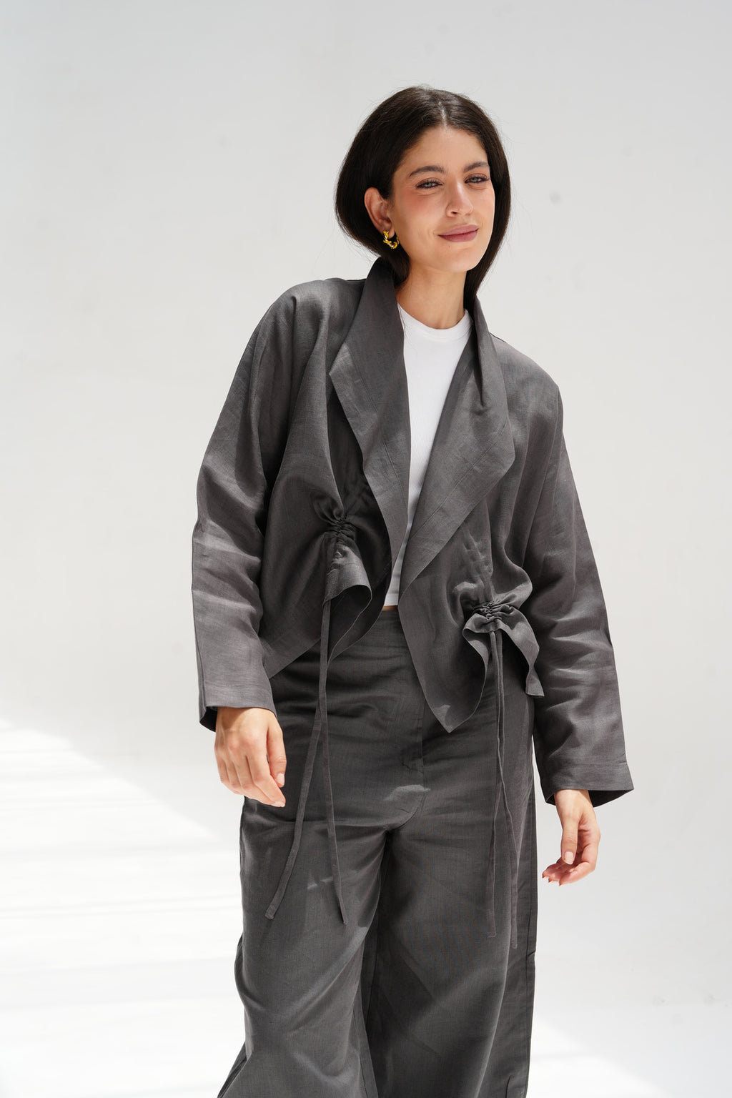 Drawstring linen cardigan in Gray