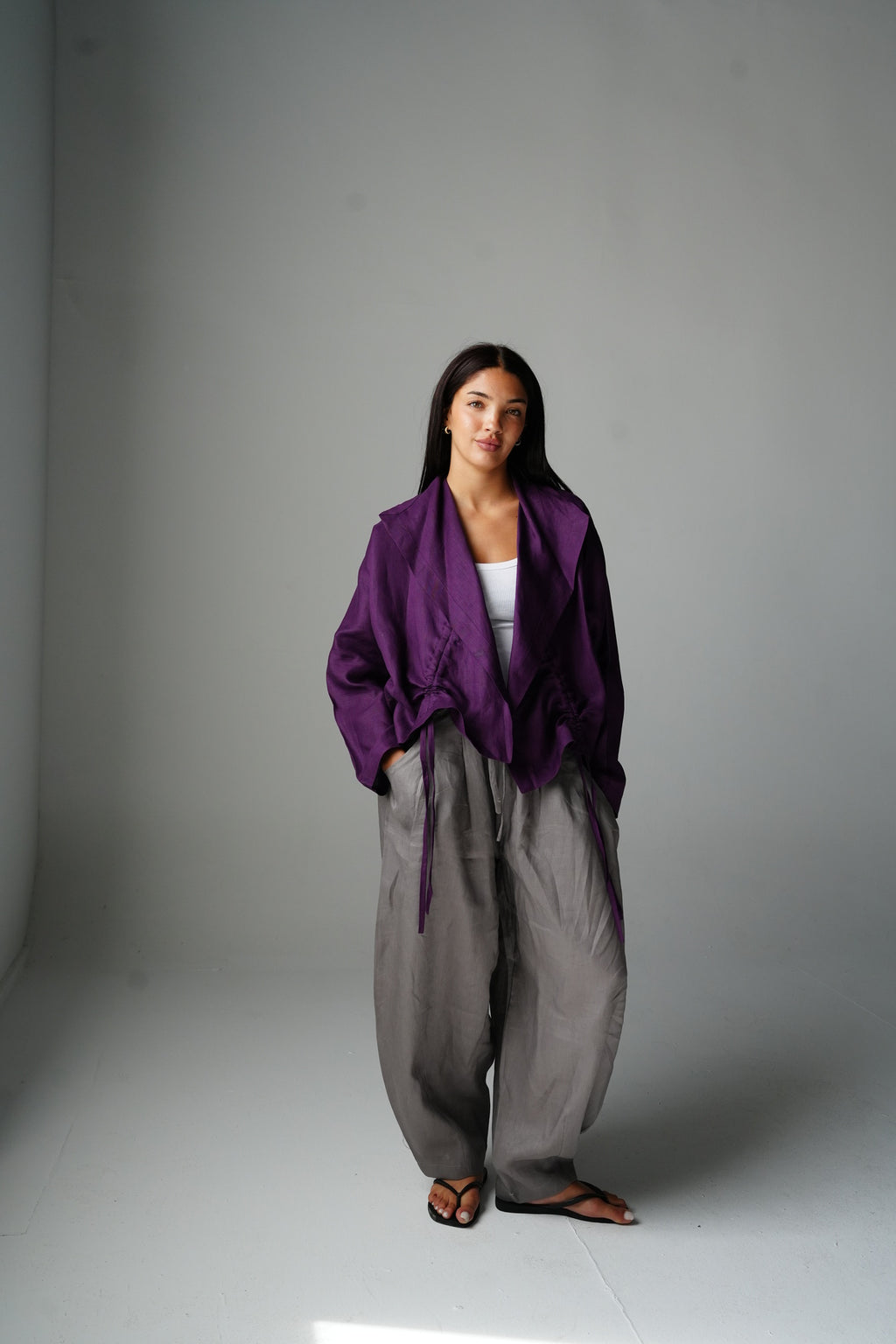 Drawstring linen cardigan in Purple