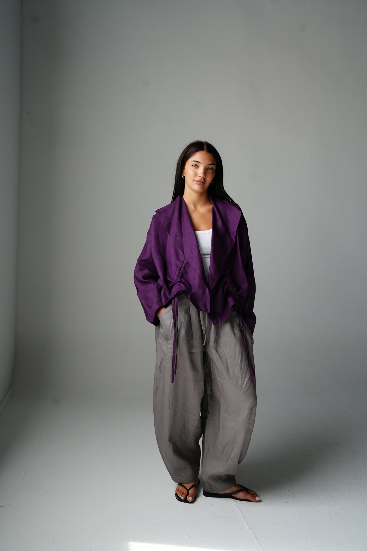 Drawstring linen cardigan in Purple