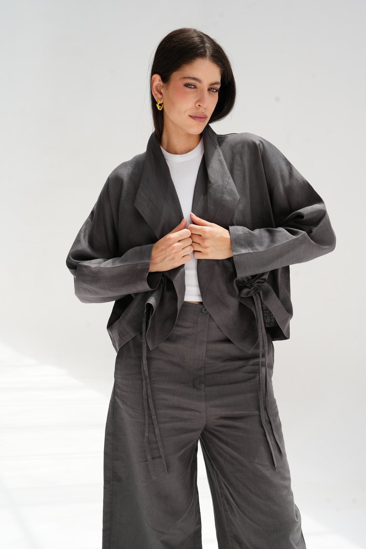 Drawstring linen cardigan in Gray