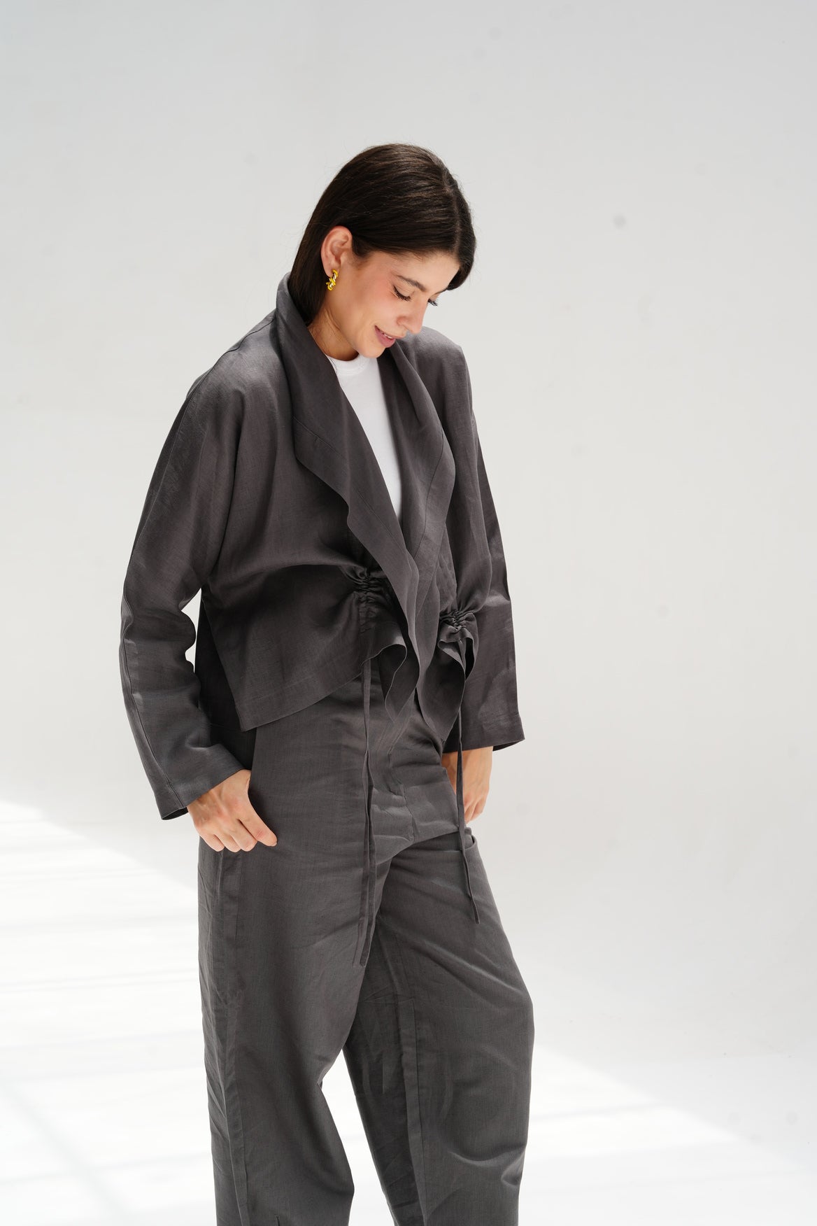 Drawstring linen cardigan in Gray