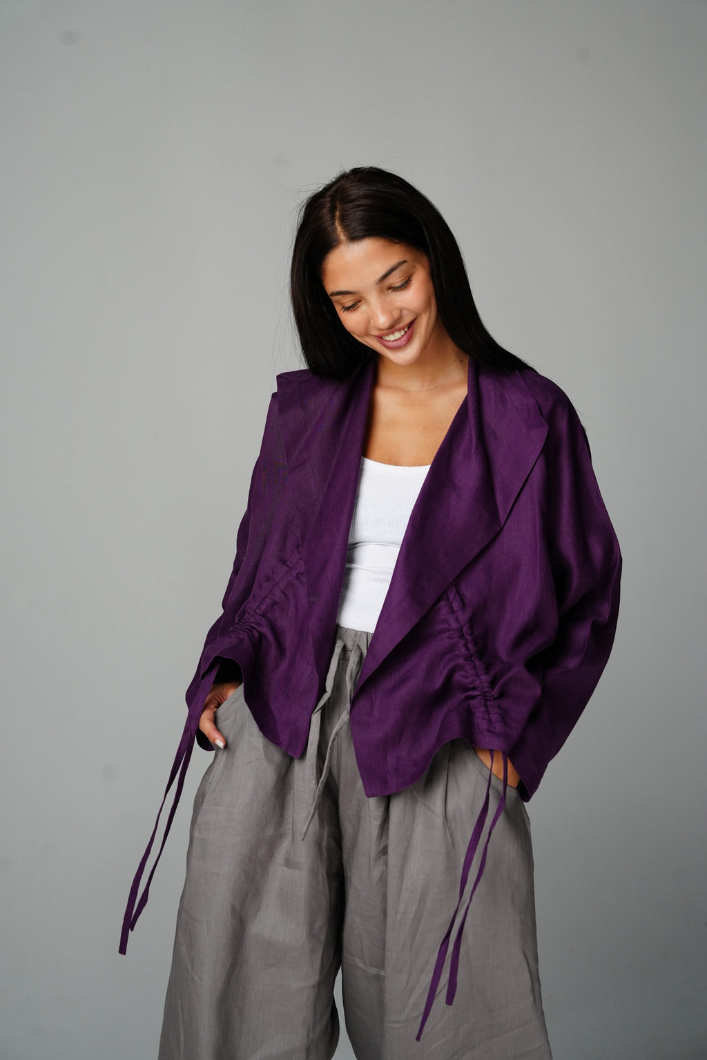 Drawstring linen cardigan in Purple