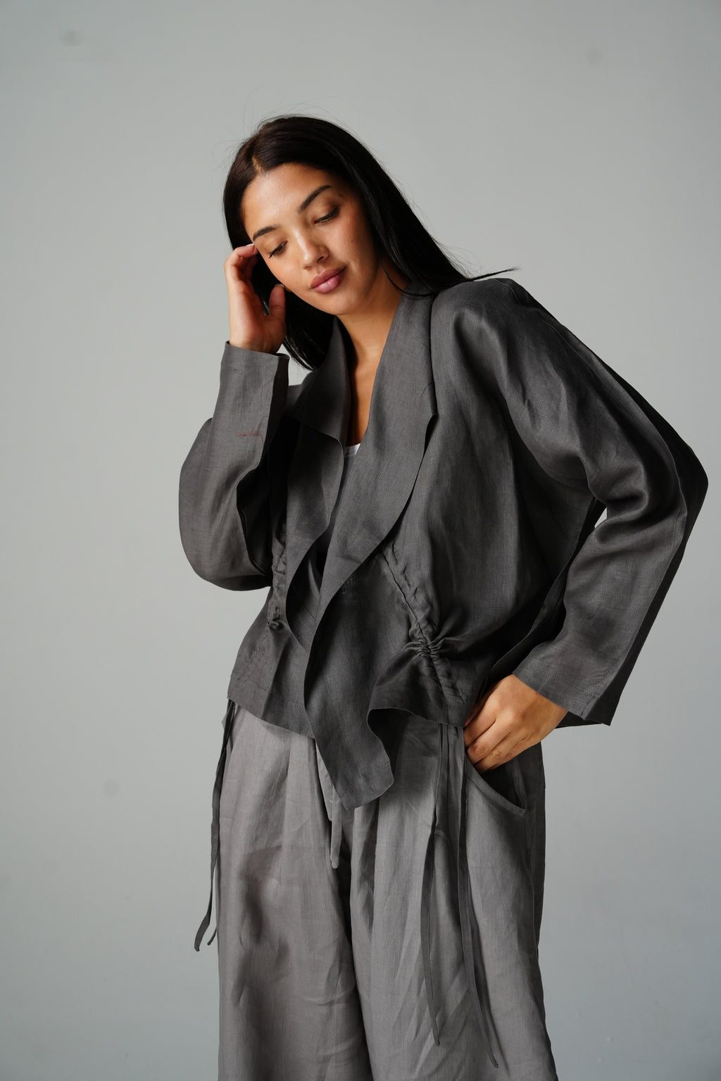 Drawstring linen cardigan in Gray