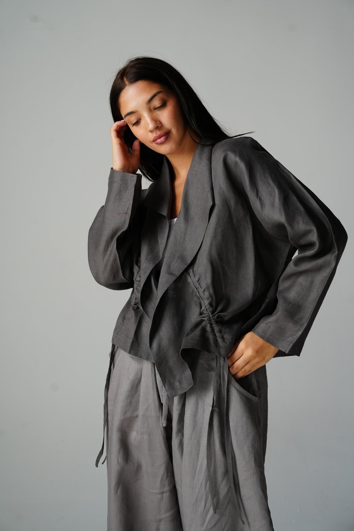 Drawstring linen cardigan in Gray