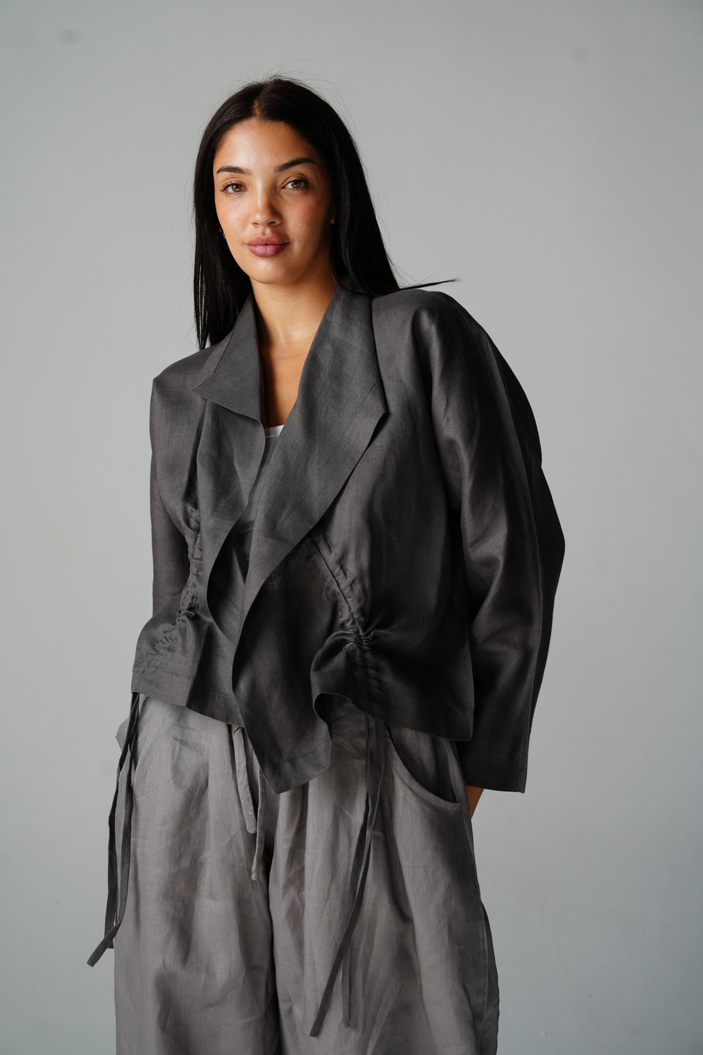 Drawstring linen cardigan in Gray