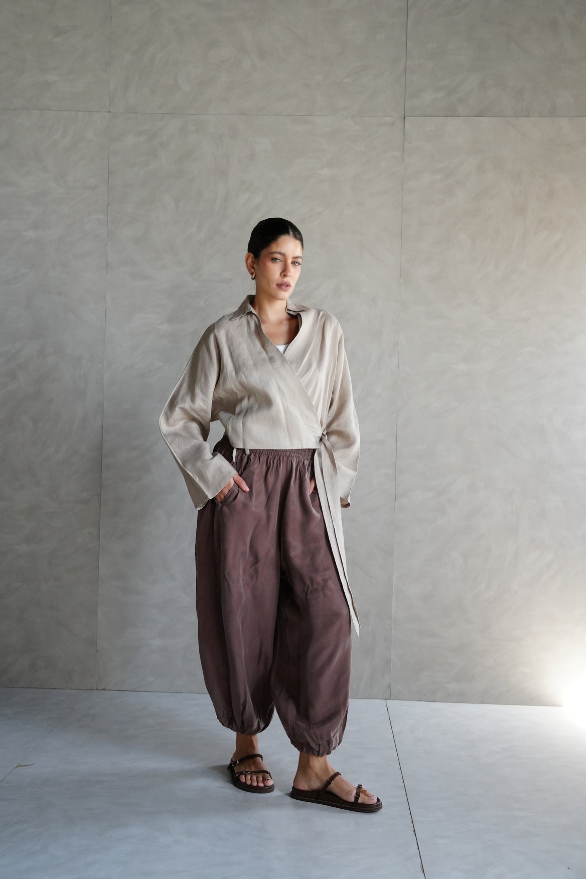 Linen wrap top in Beige
