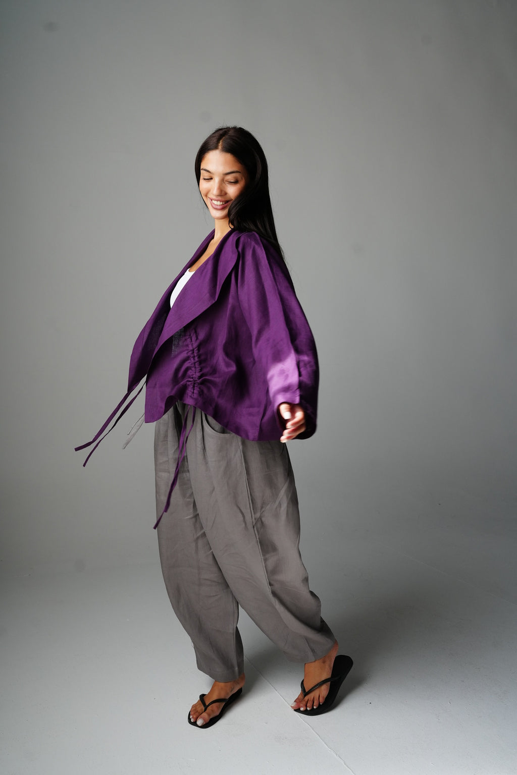 Drawstring linen cardigan in Purple