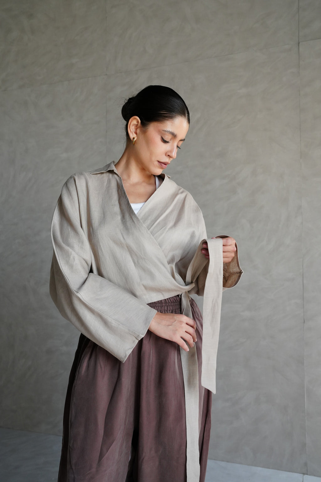 Linen wrap top in Beige
