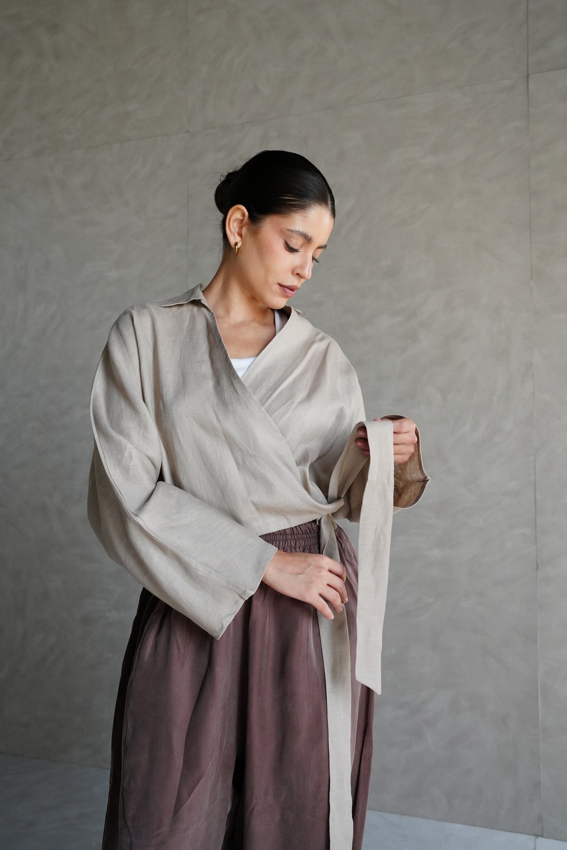 Linen wrap top in Beige