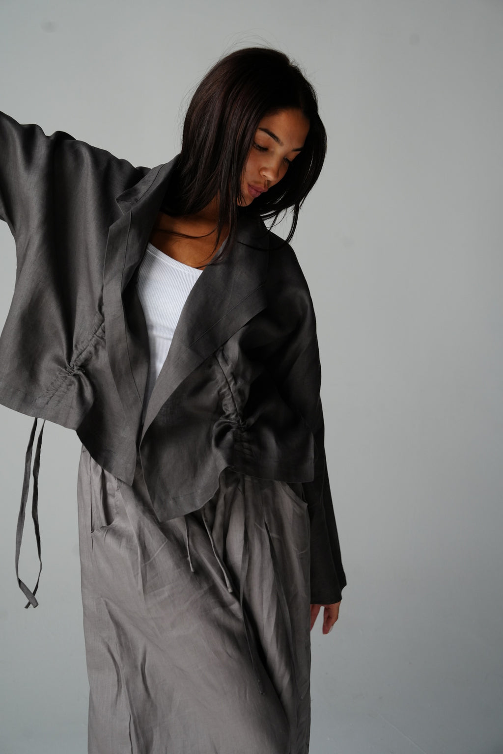 Drawstring linen cardigan in Gray