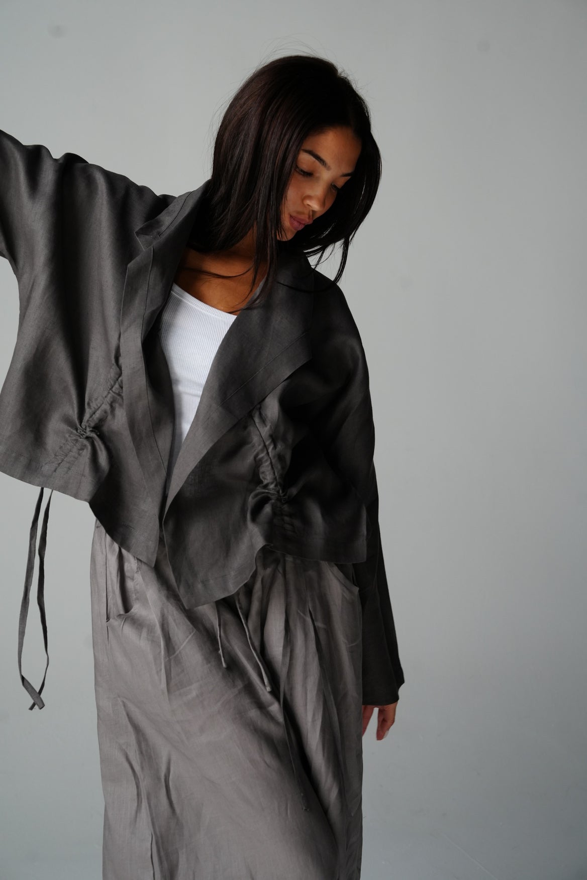 Drawstring linen cardigan in Gray