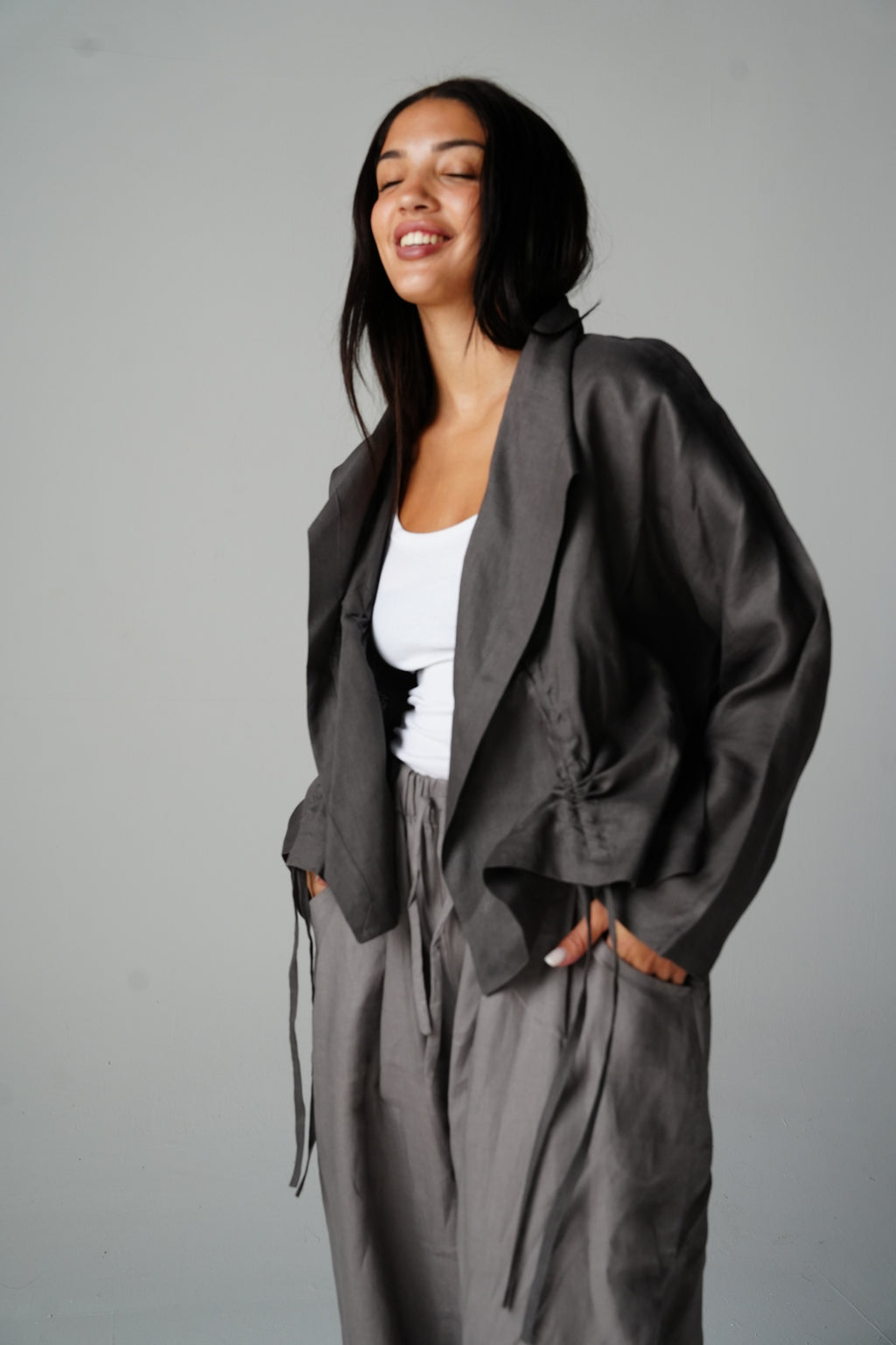 Drawstring linen cardigan in Gray