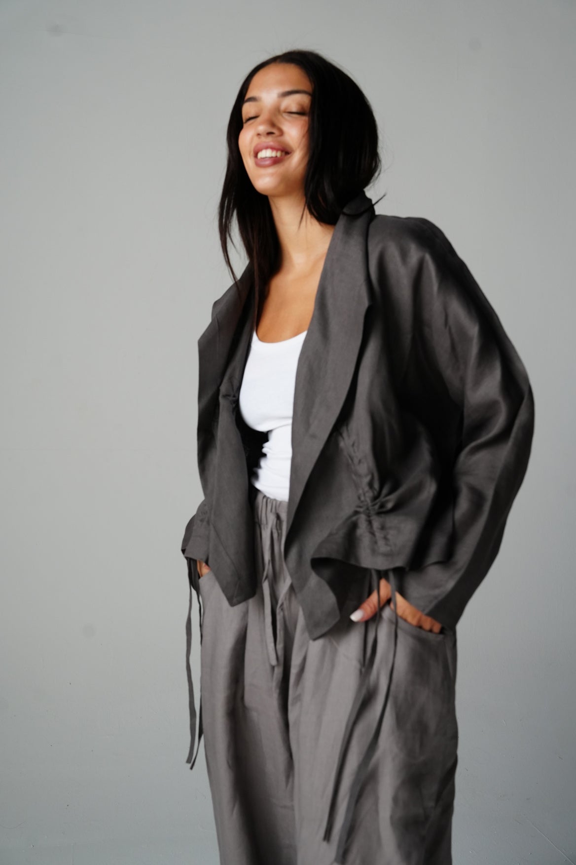 Drawstring linen cardigan in Gray