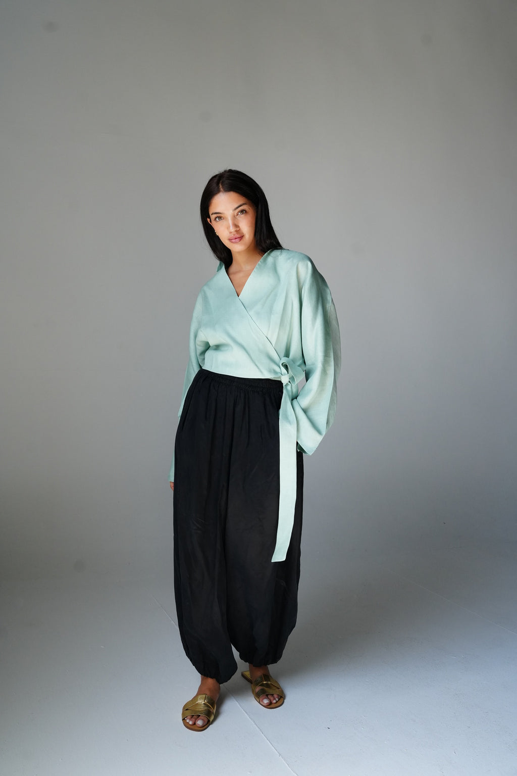 Linen wrap top in Baby blue
