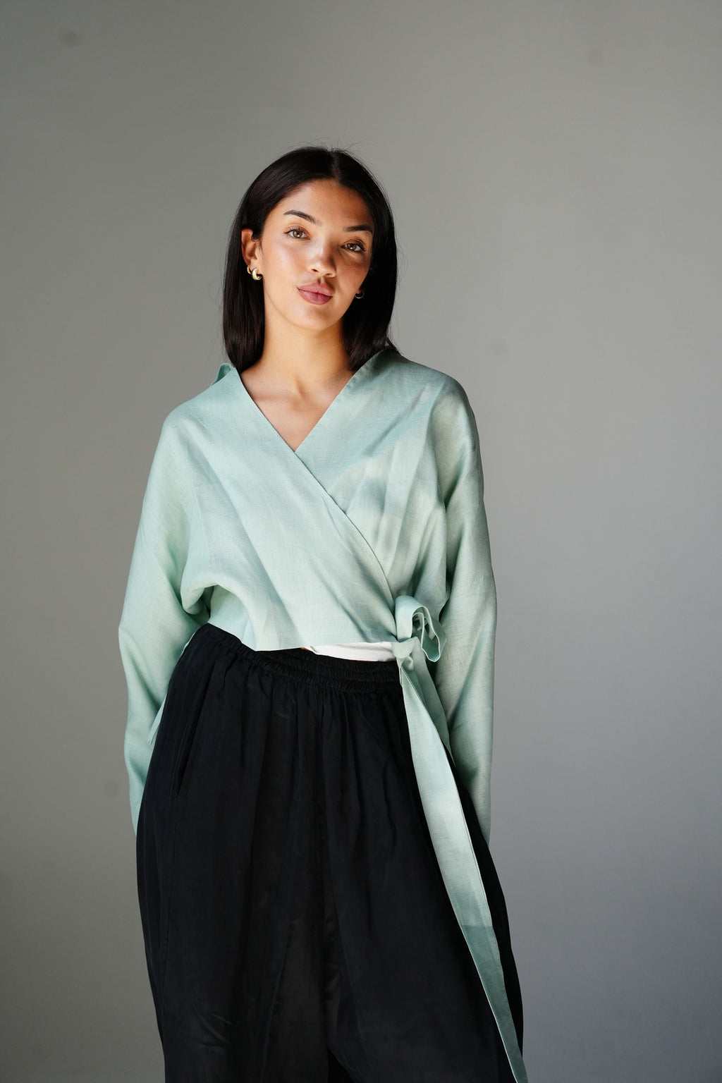 Linen wrap top in Baby blue