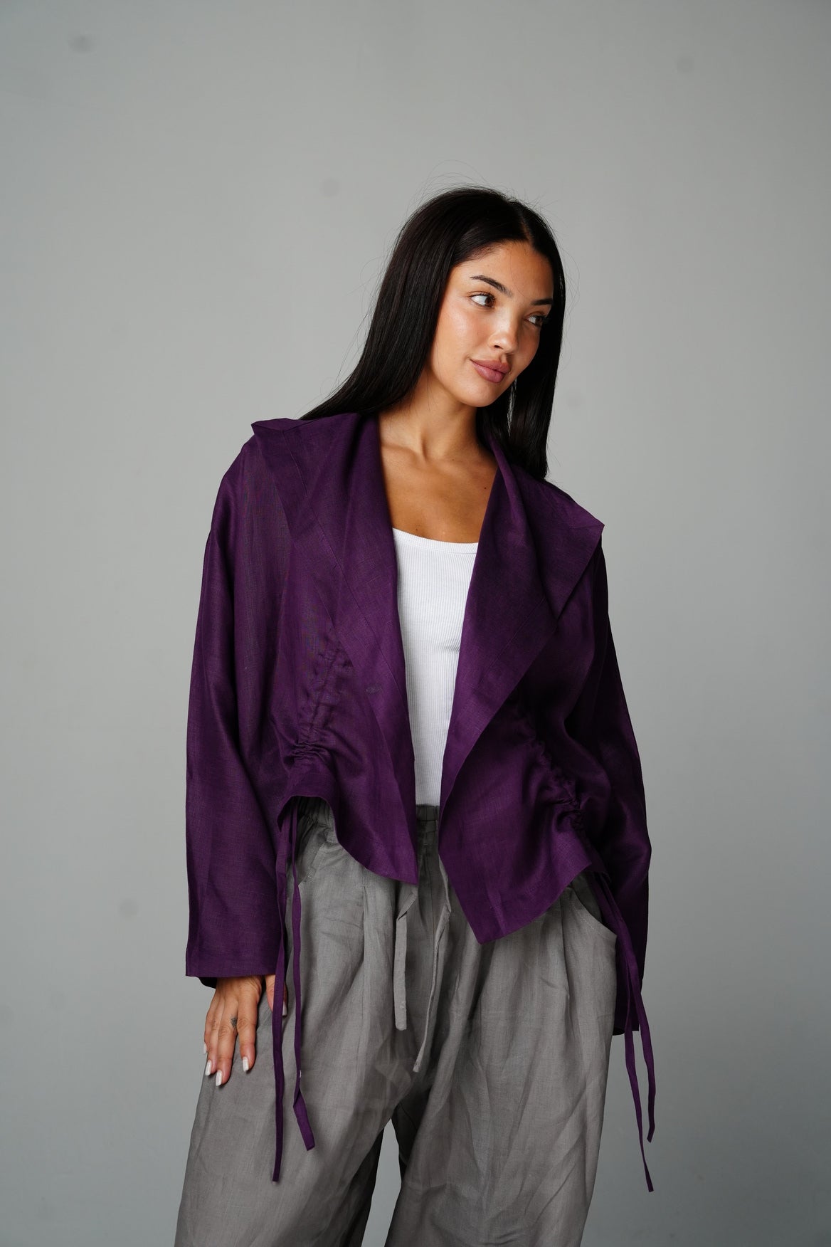 Drawstring linen cardigan in Purple