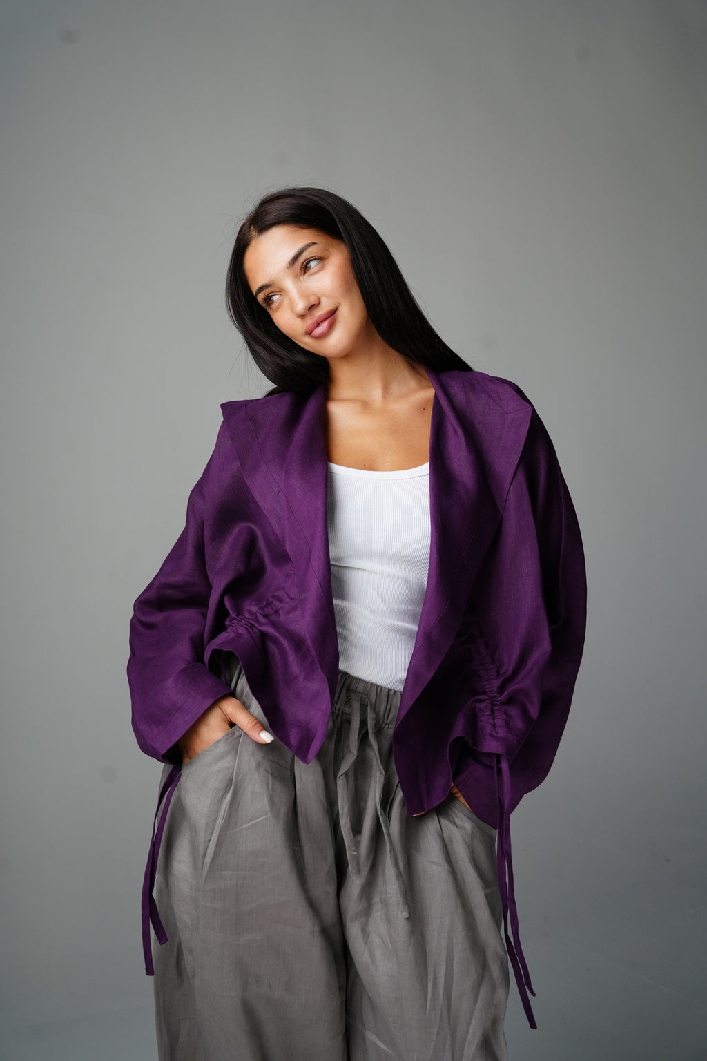 Drawstring linen cardigan in Purple
