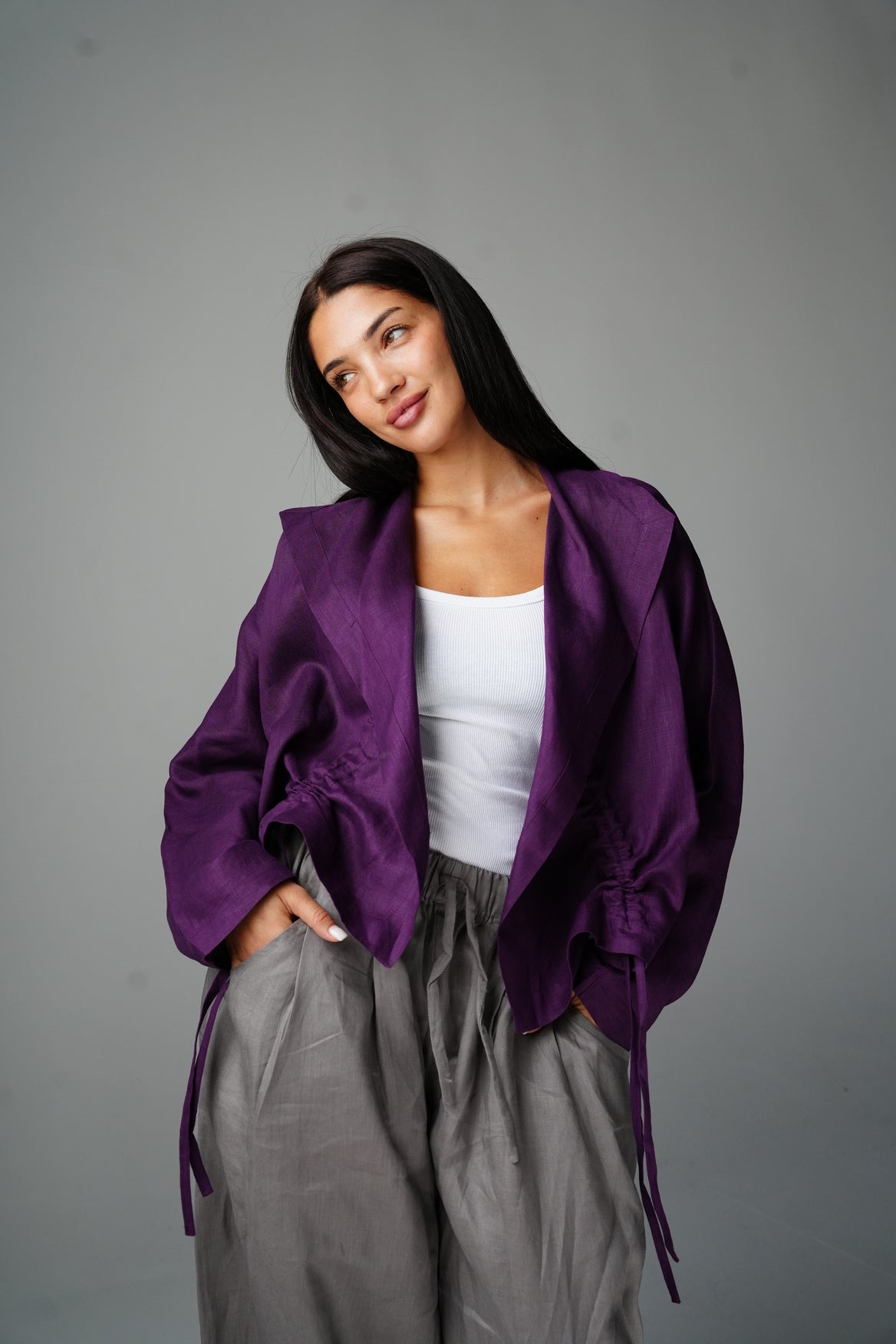 Drawstring linen cardigan in Purple