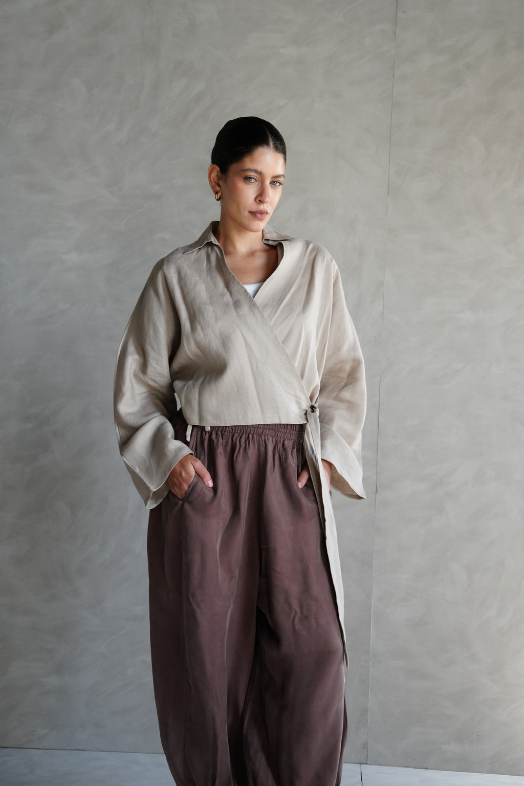 Linen wrap top in Beige
