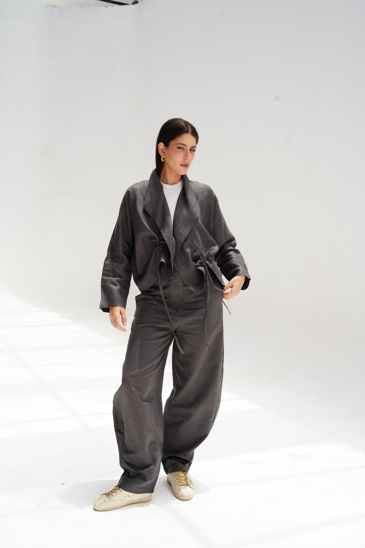 Drawstring linen cardigan in Gray