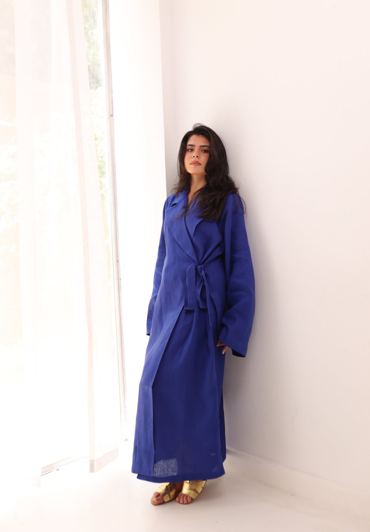 Royal blue side-tie linen dress