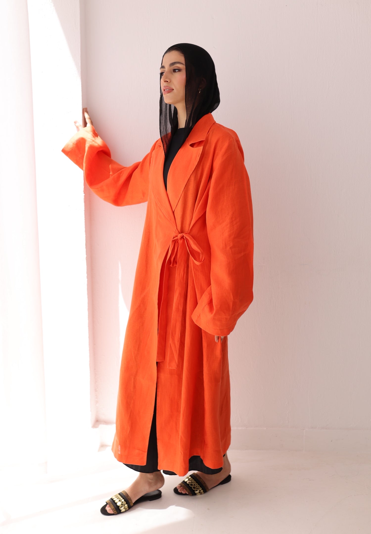 Orange side-tie linen dress