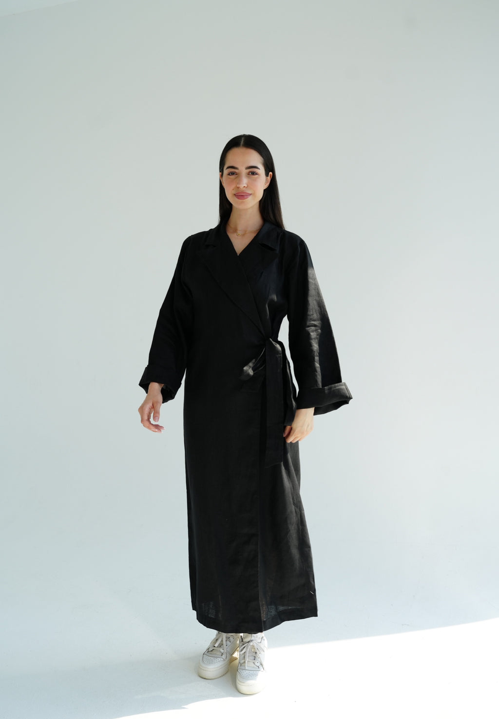 Black side-tie linen dress