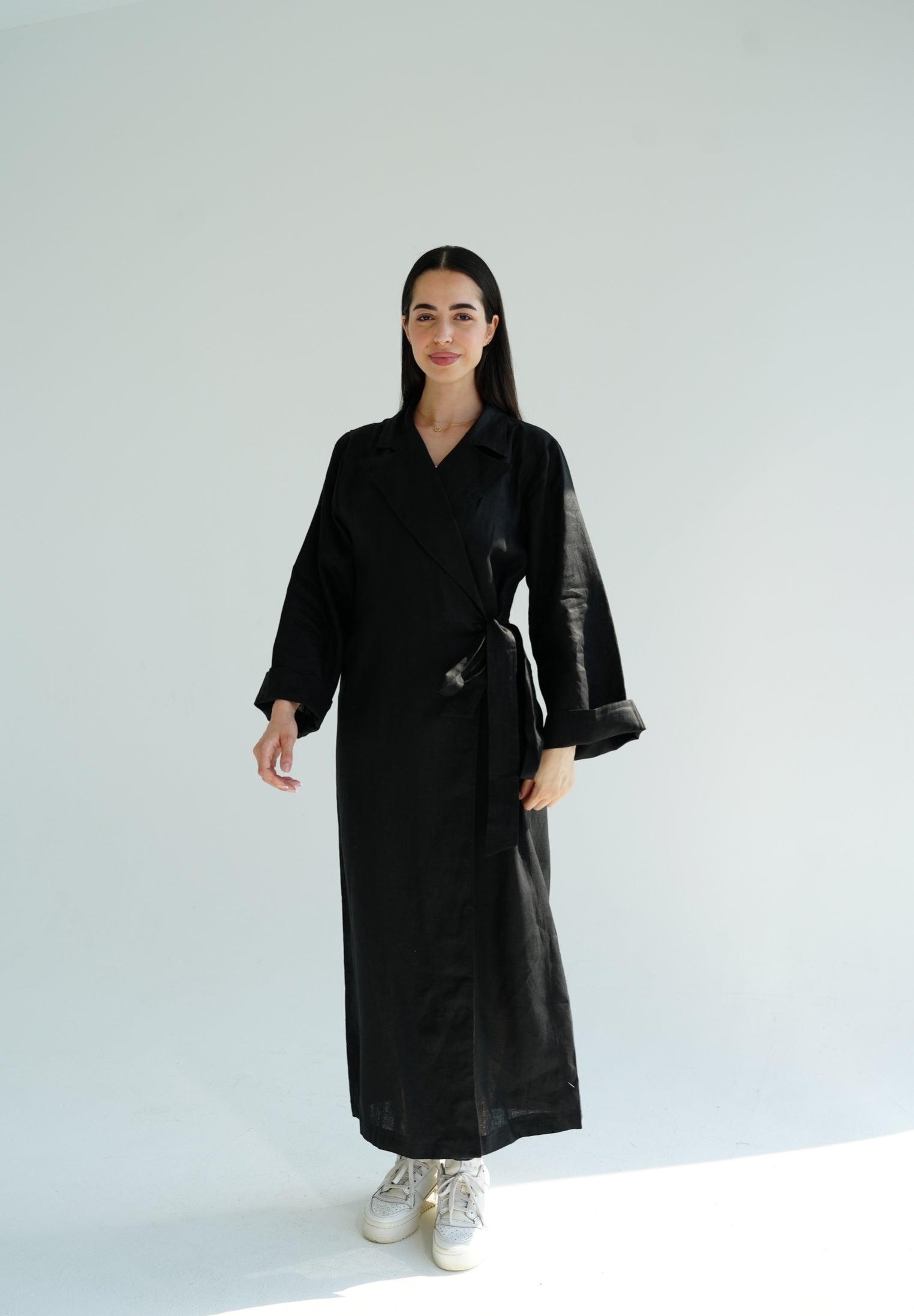 Black side-tie linen dress