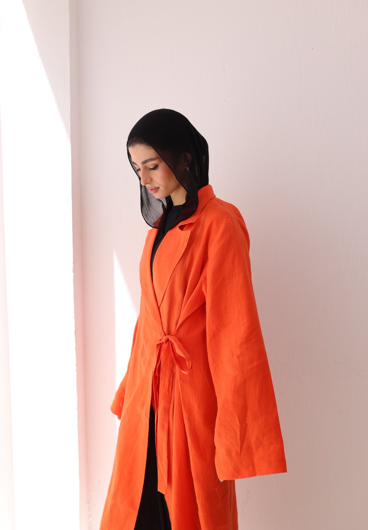 Orange side-tie linen dress