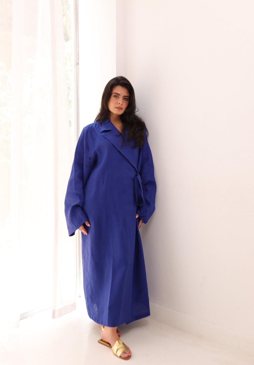 Royal blue side-tie linen dress