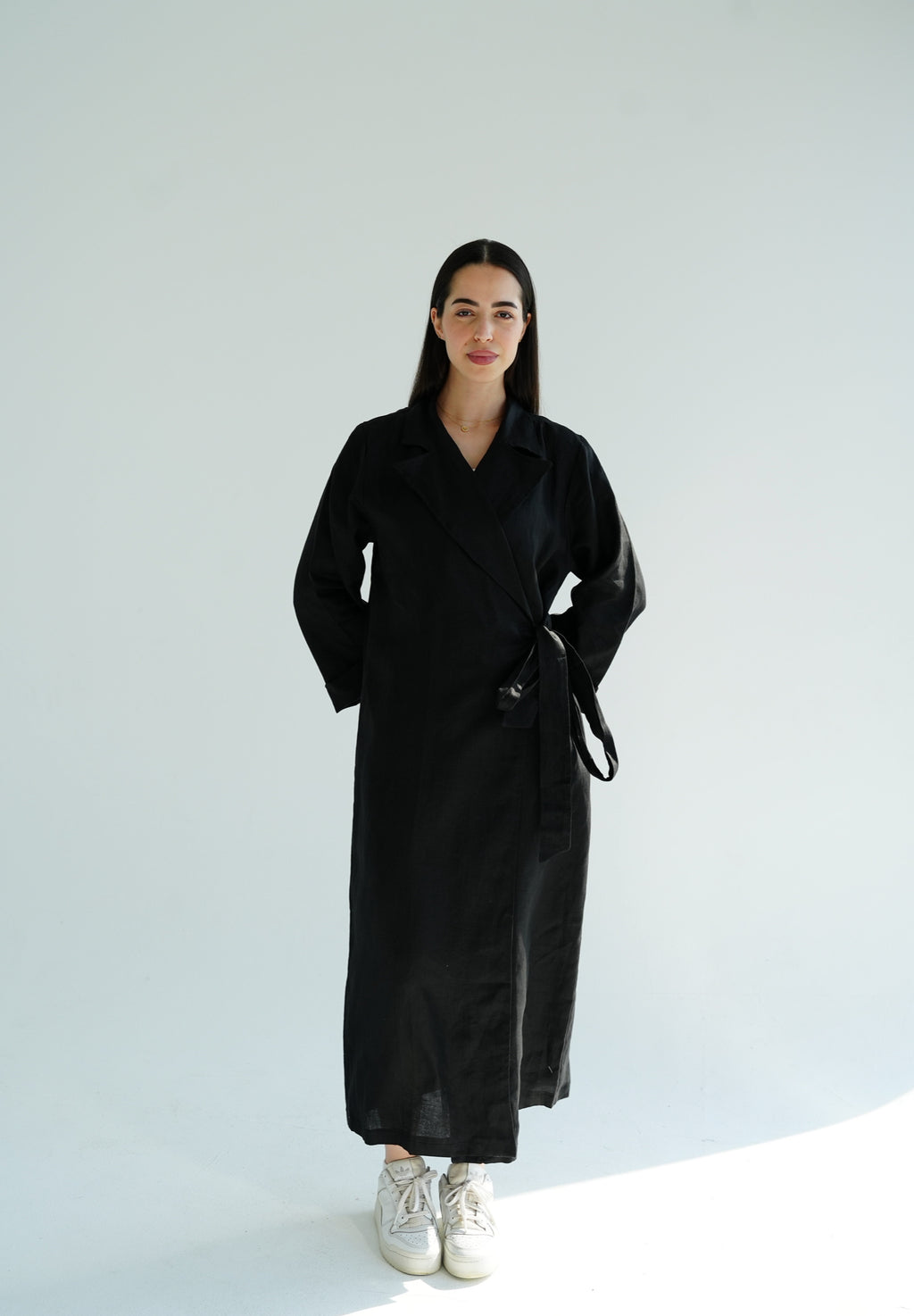 Black side-tie linen dress