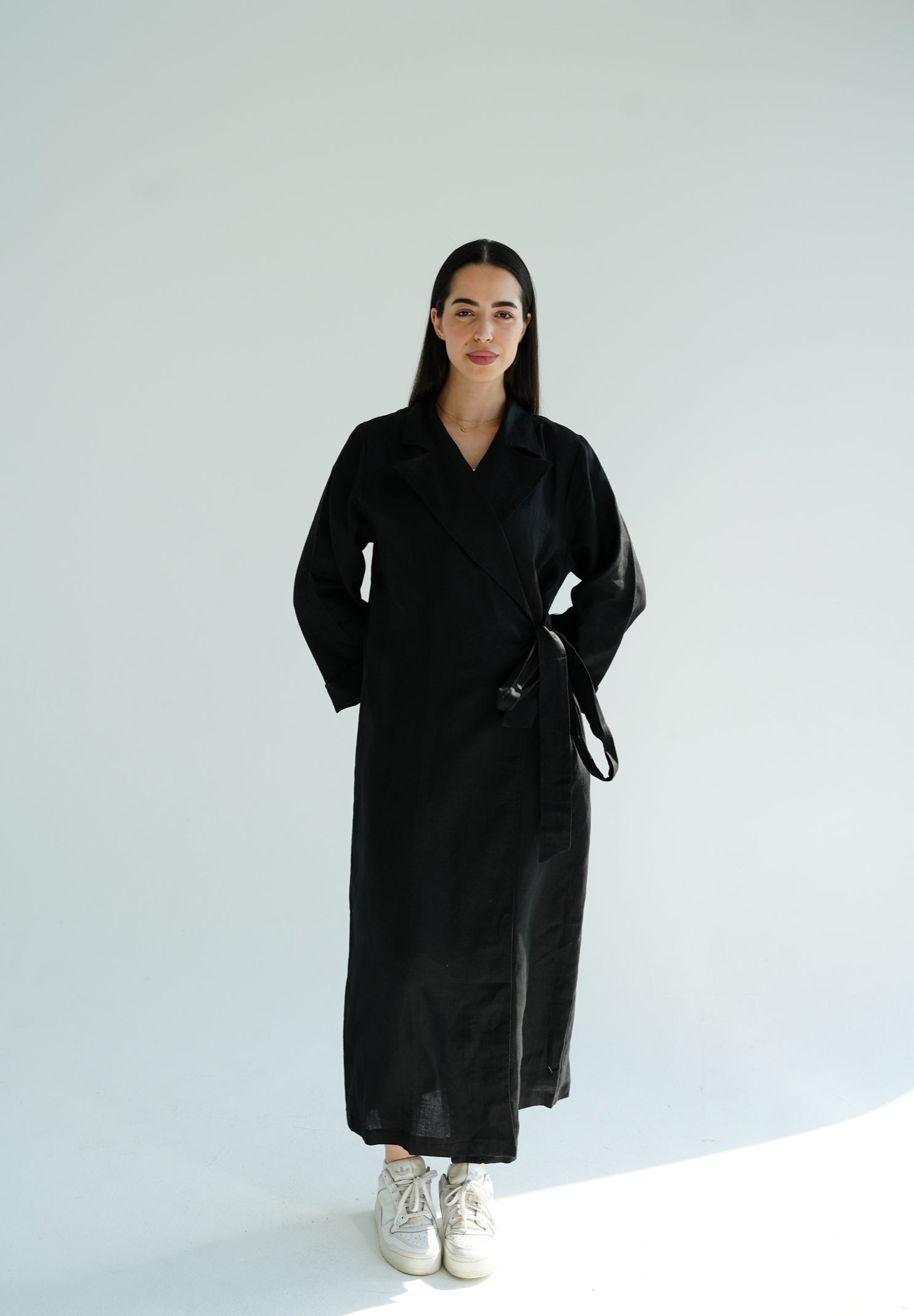 Black side-tie linen dress