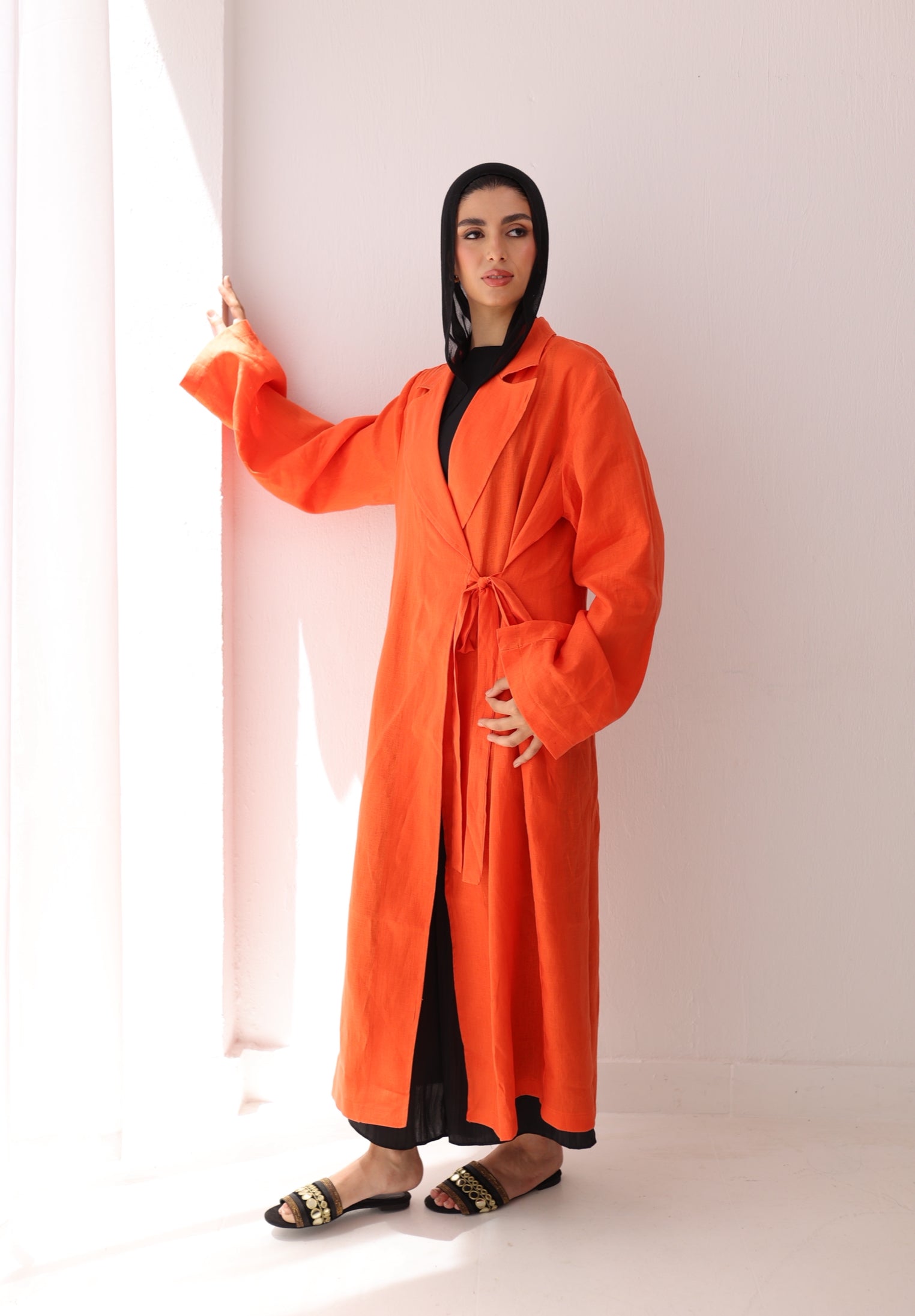 Orange side-tie linen dress