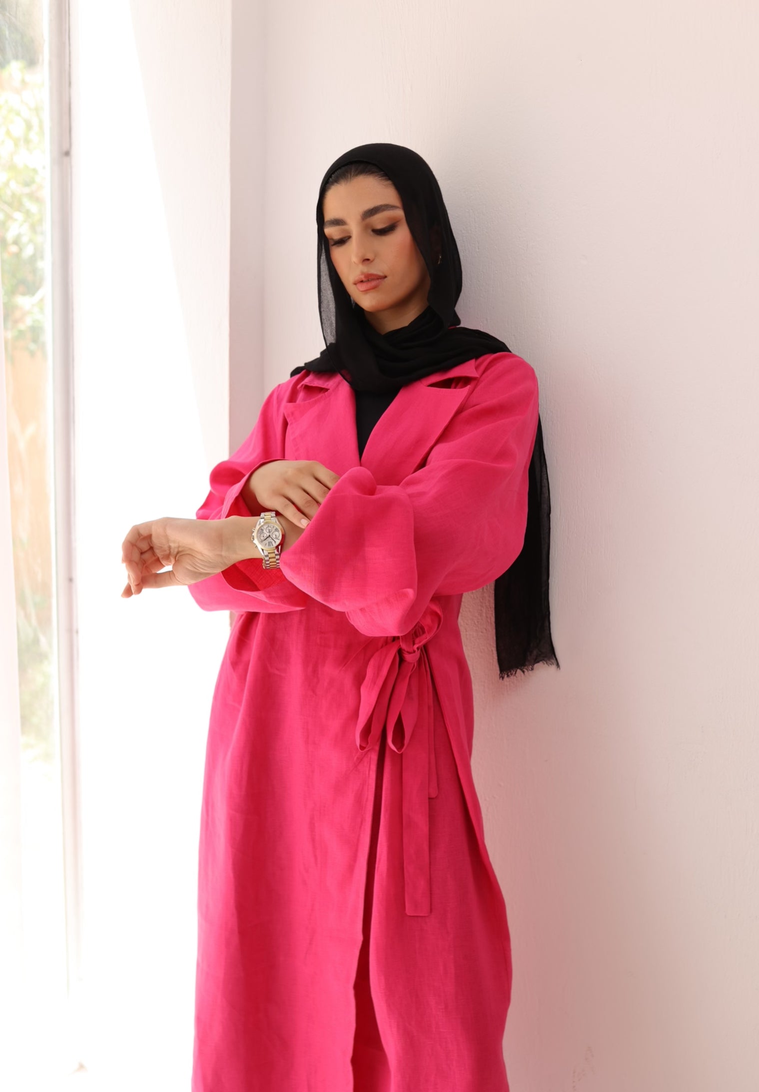 Fuchsia side-tie linen dress