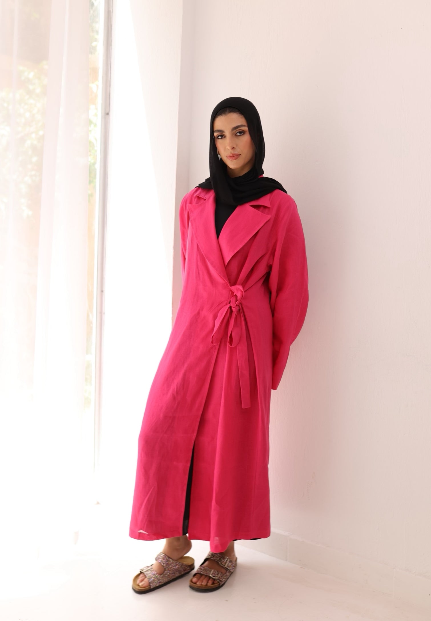 Fuchsia side-tie linen dress