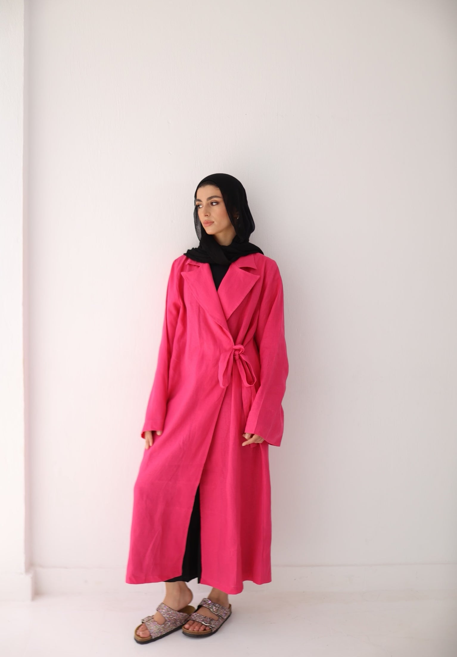 Fuchsia side-tie linen dress