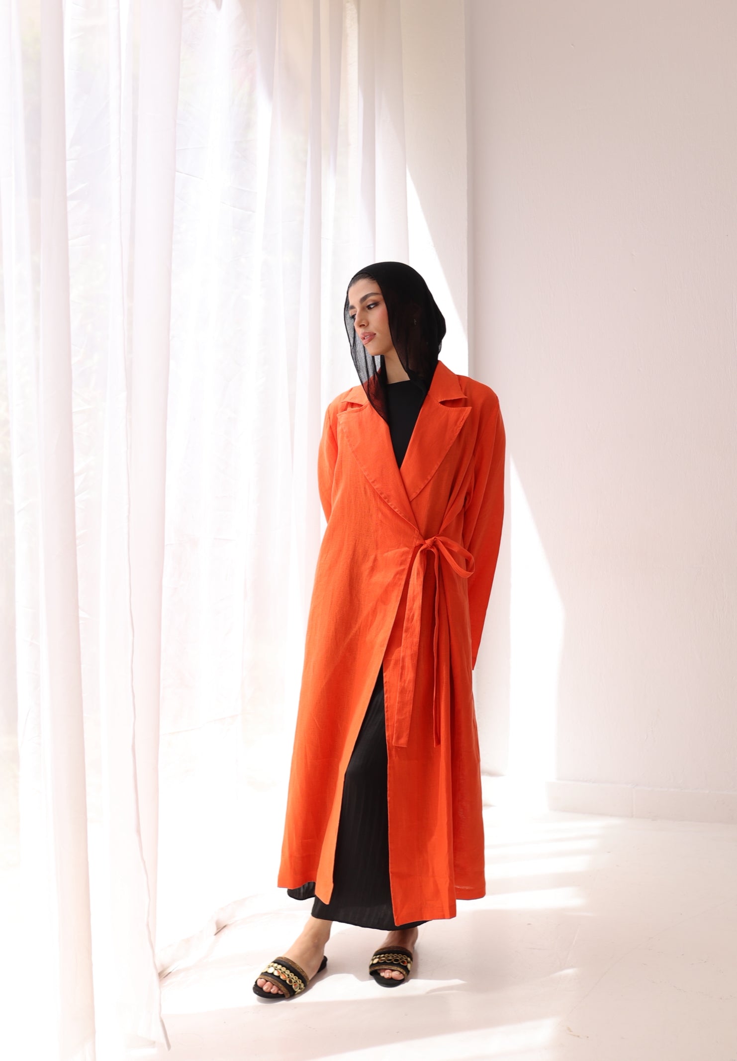 Orange side-tie linen dress