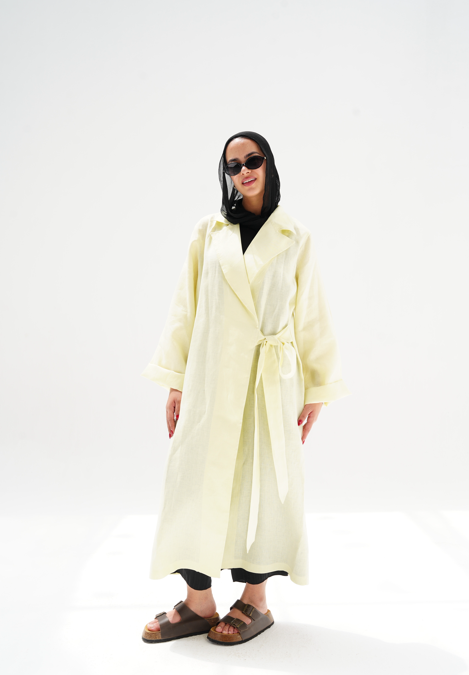 Side-tie linen dress in butter yellow