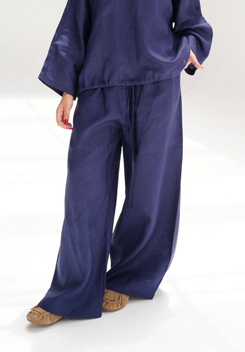 Wide leg Linen pants in navy blue