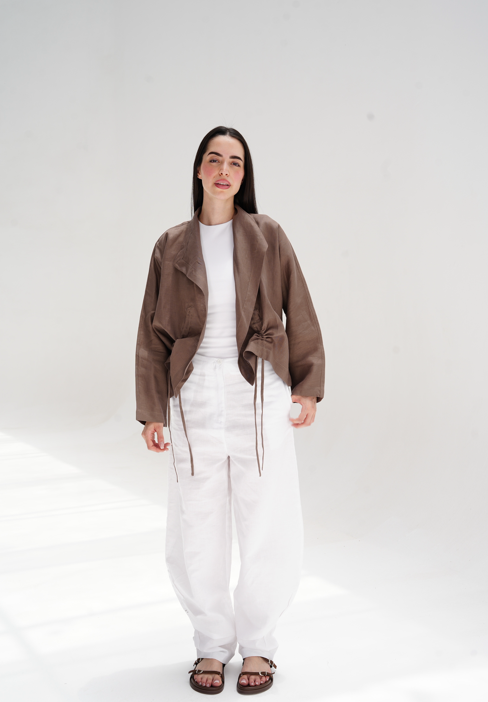 Drawstring linen cardigan in brown