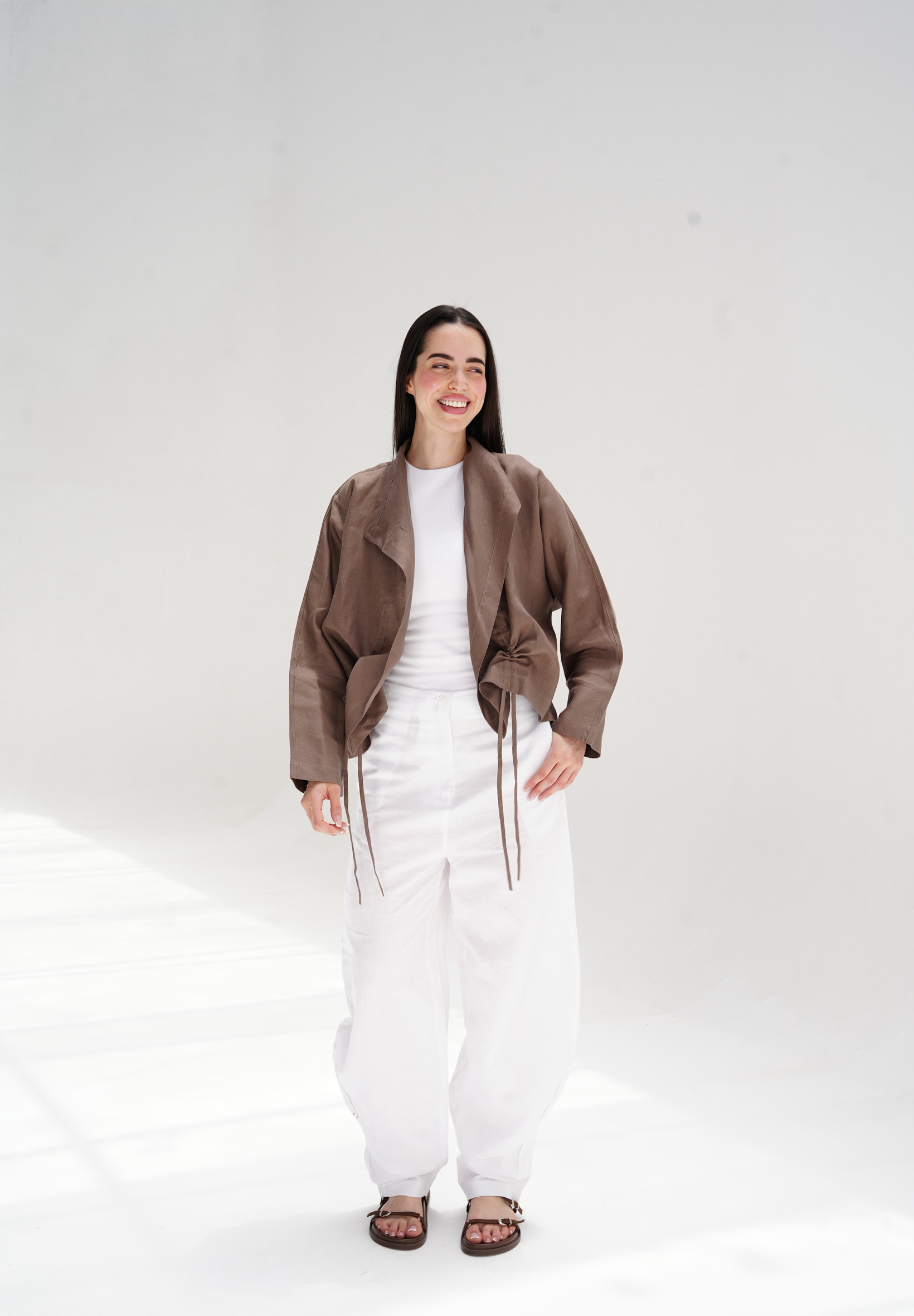 Drawstring linen cardigan in brown