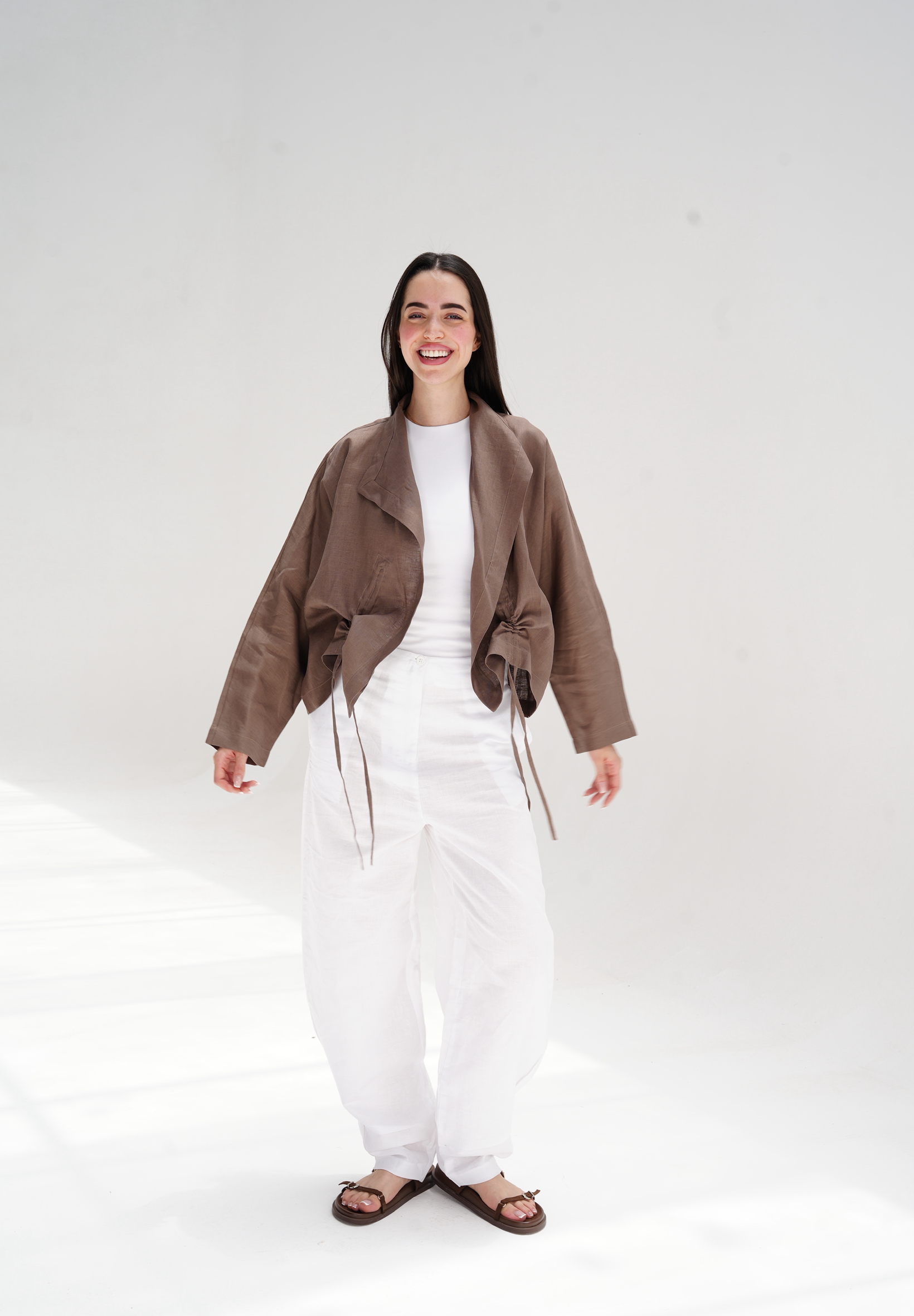 Drawstring linen cardigan in brown