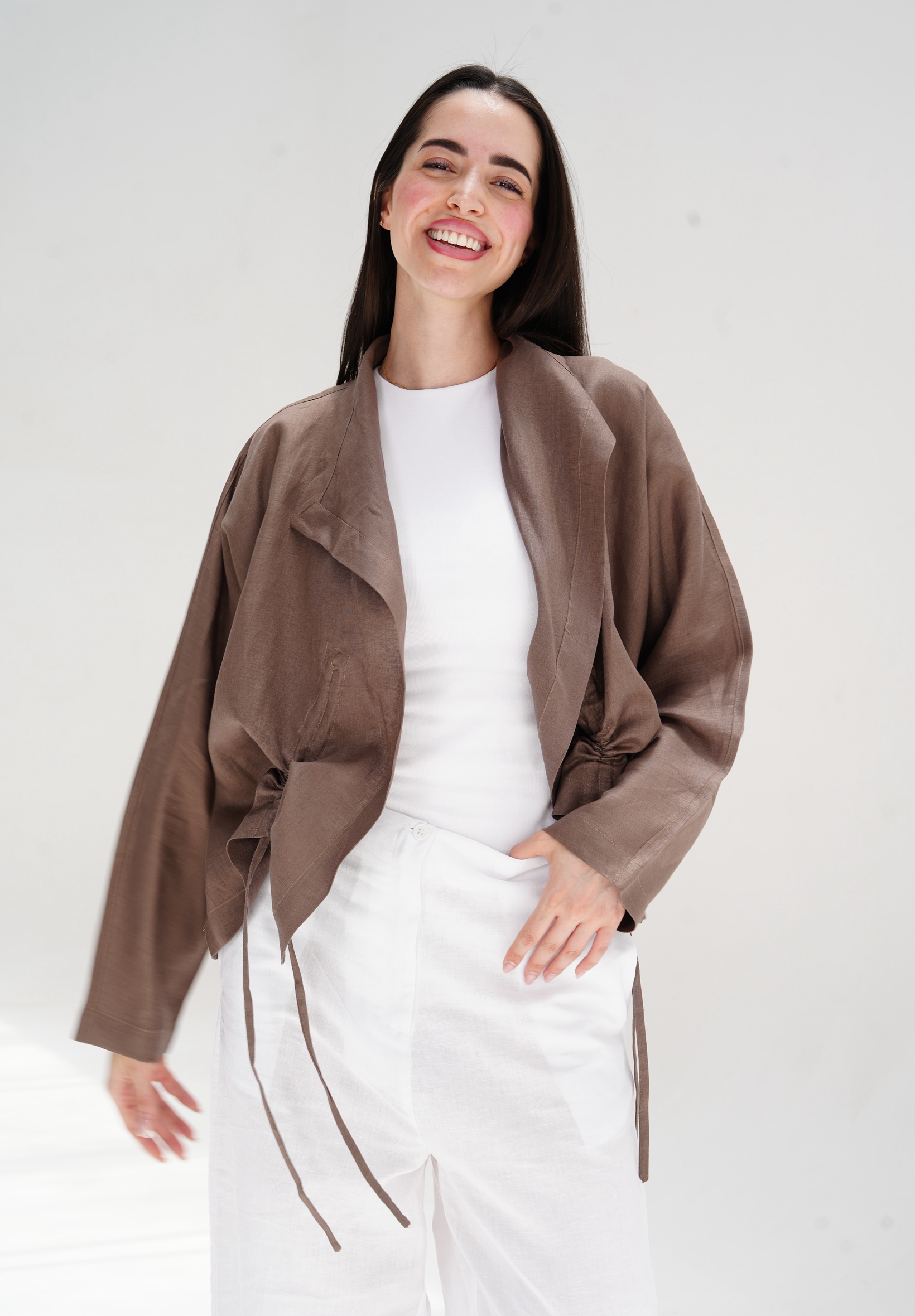 Drawstring linen cardigan in brown