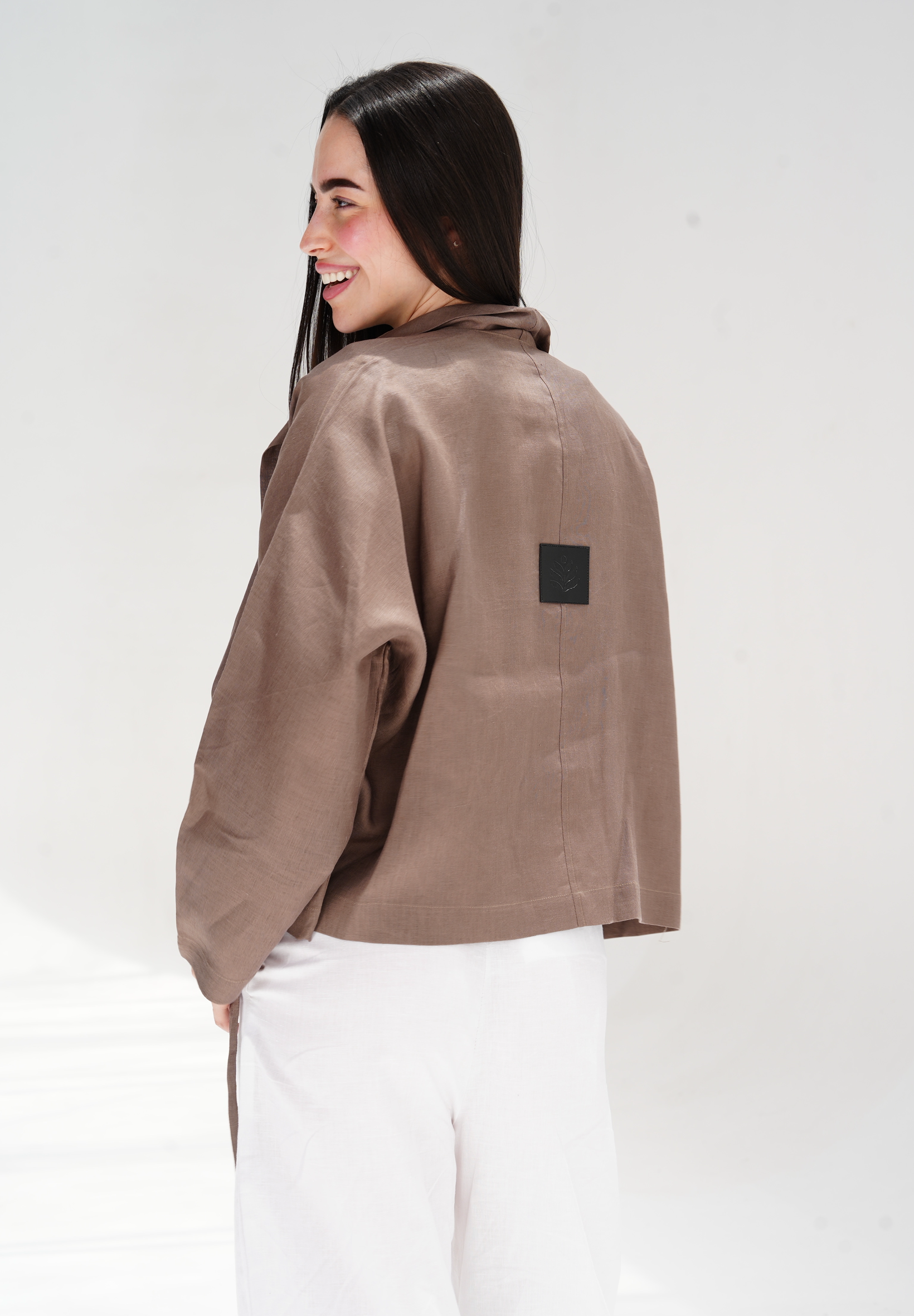 Drawstring linen cardigan in brown