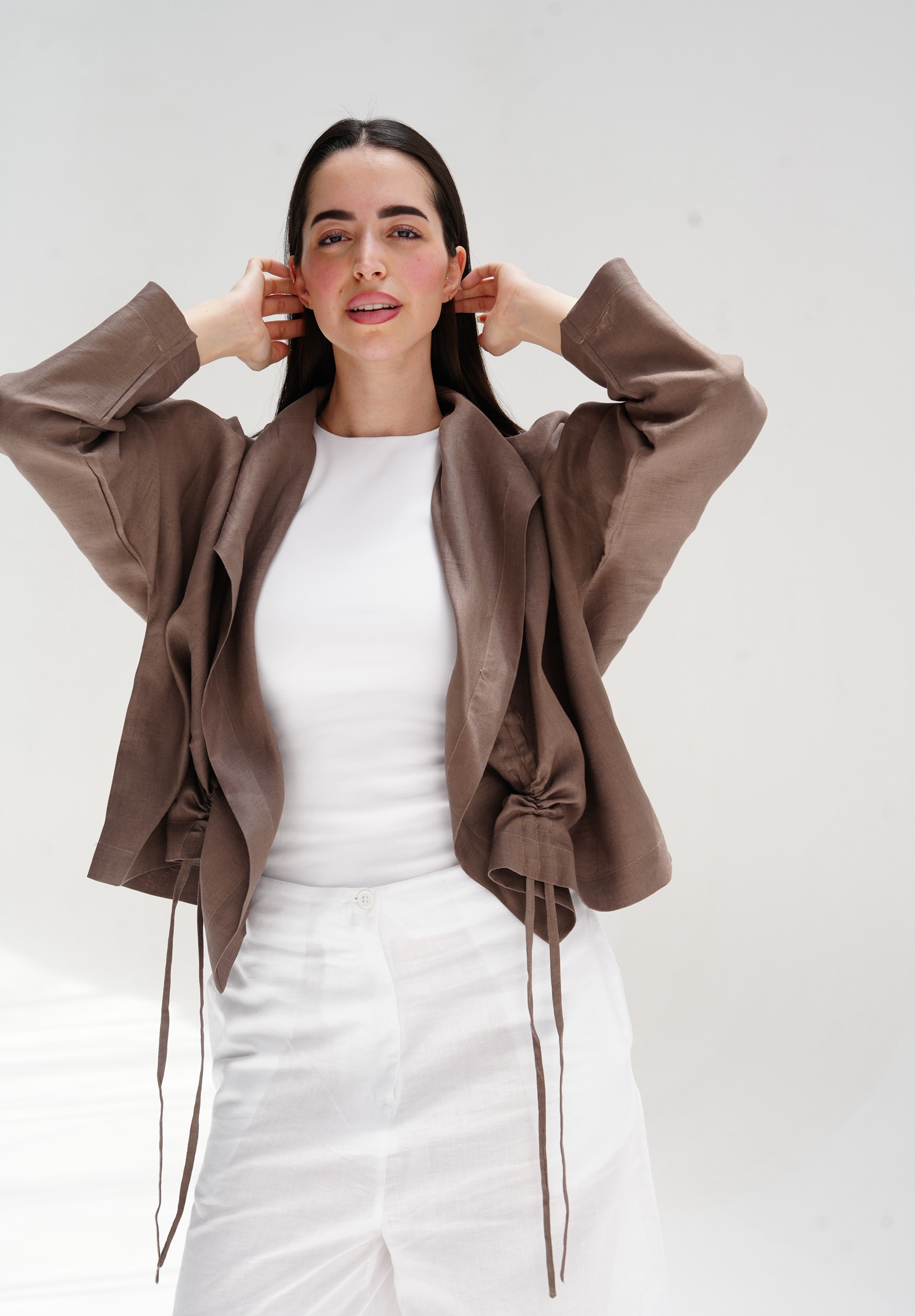 Drawstring linen cardigan in brown