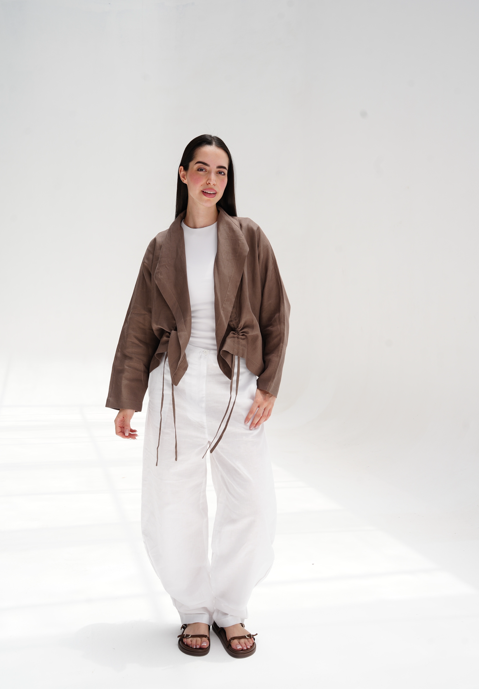 Drawstring linen cardigan in brown