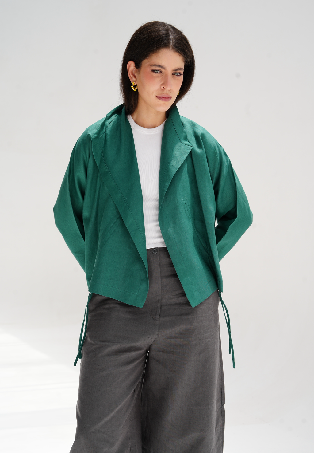 Drawstring linen cardigan in green