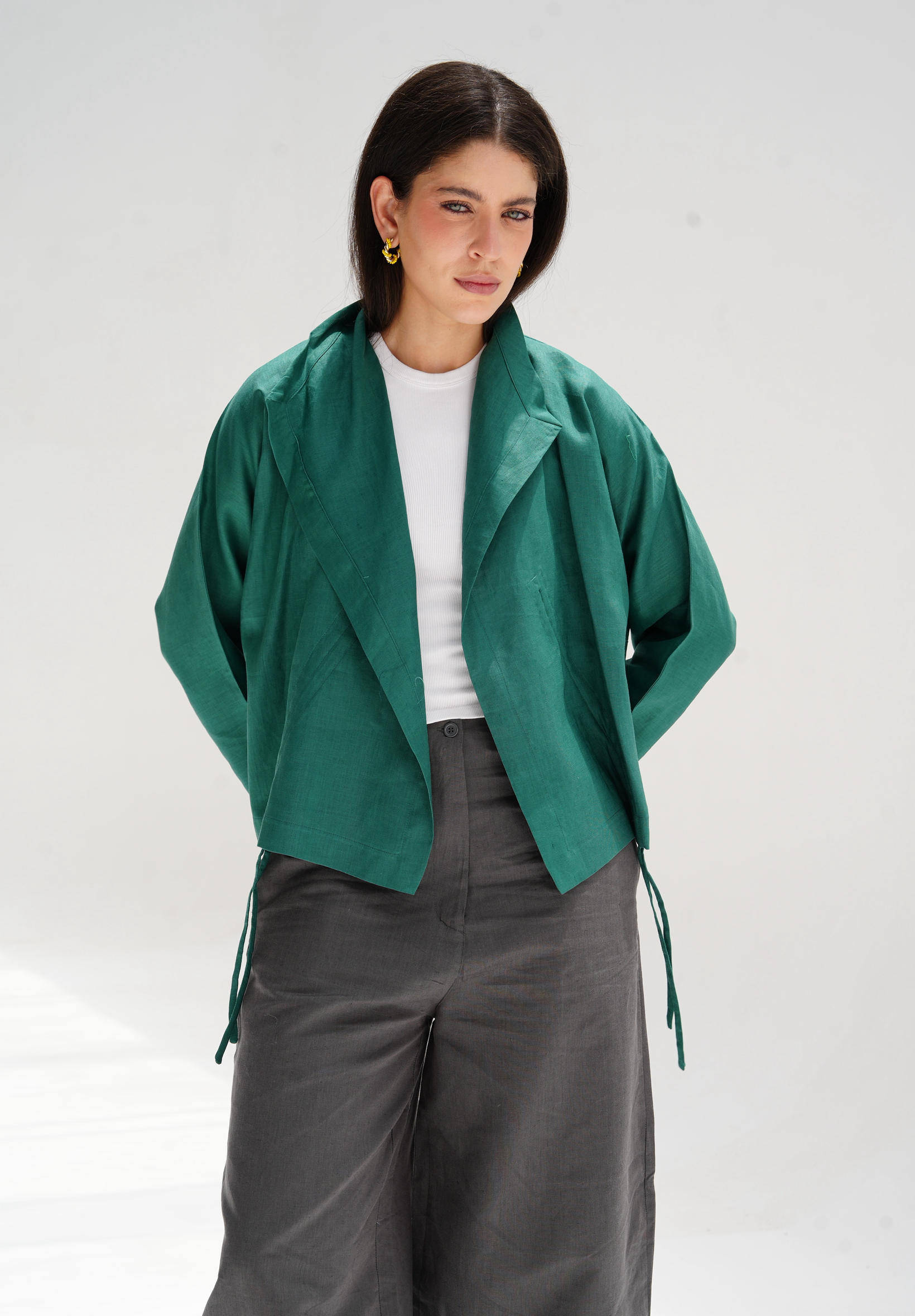 Drawstring linen cardigan in green
