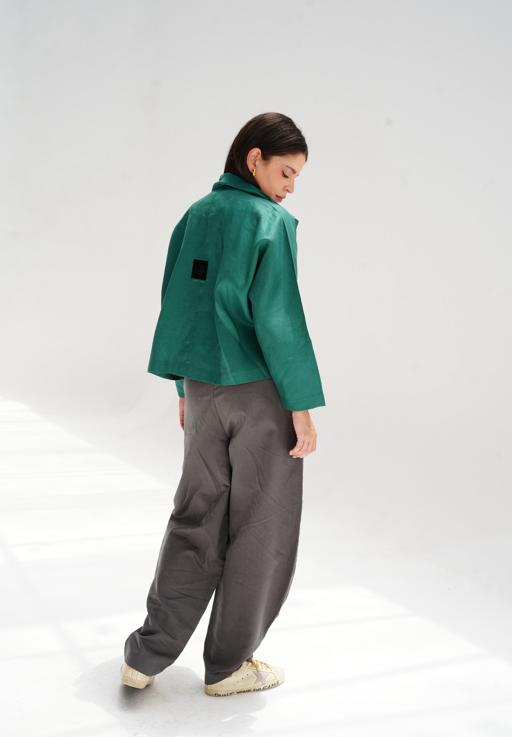 Drawstring linen cardigan in green